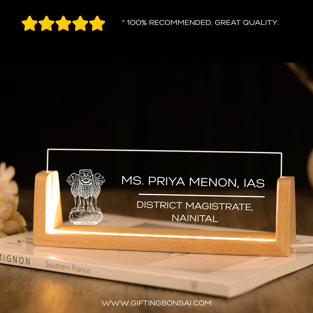 Desk Name Plate With LED Light - Indian Emblem