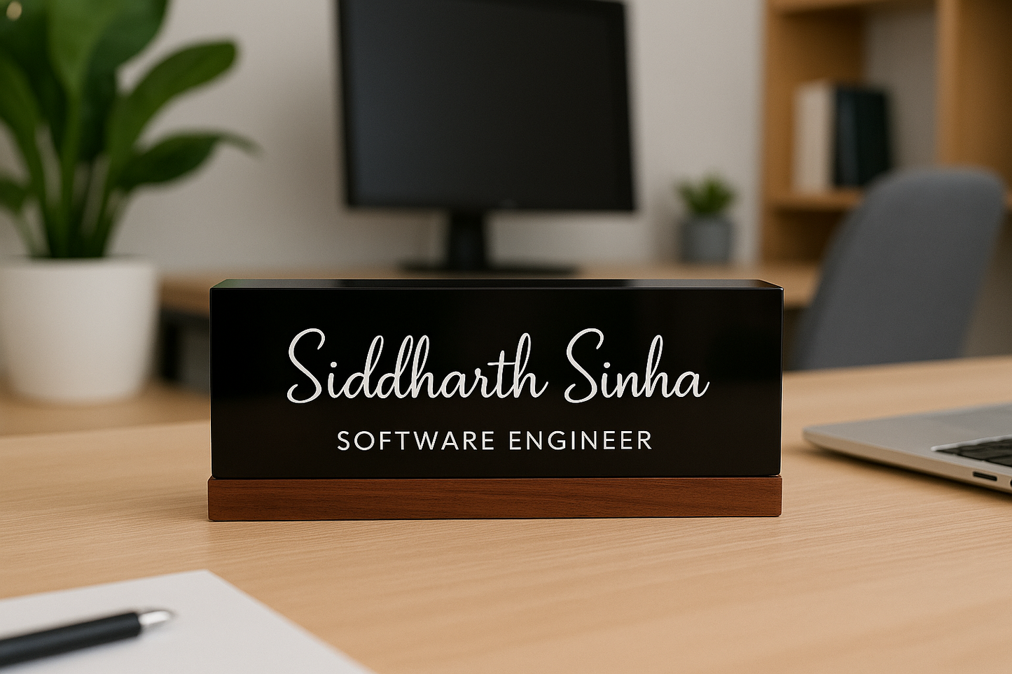 Executive Elegance: Personalized Acrylic Name Block with Wooden Base