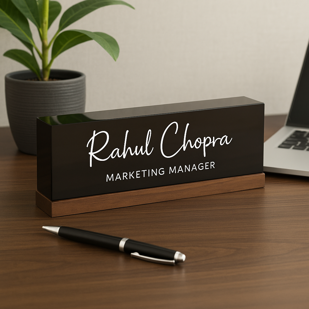 Executive Elegance: Personalized Acrylic Name Block with Wooden Base