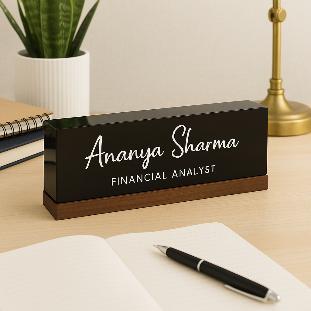 Executive Elegance: Personalized Acrylic Name Block with Wooden Base