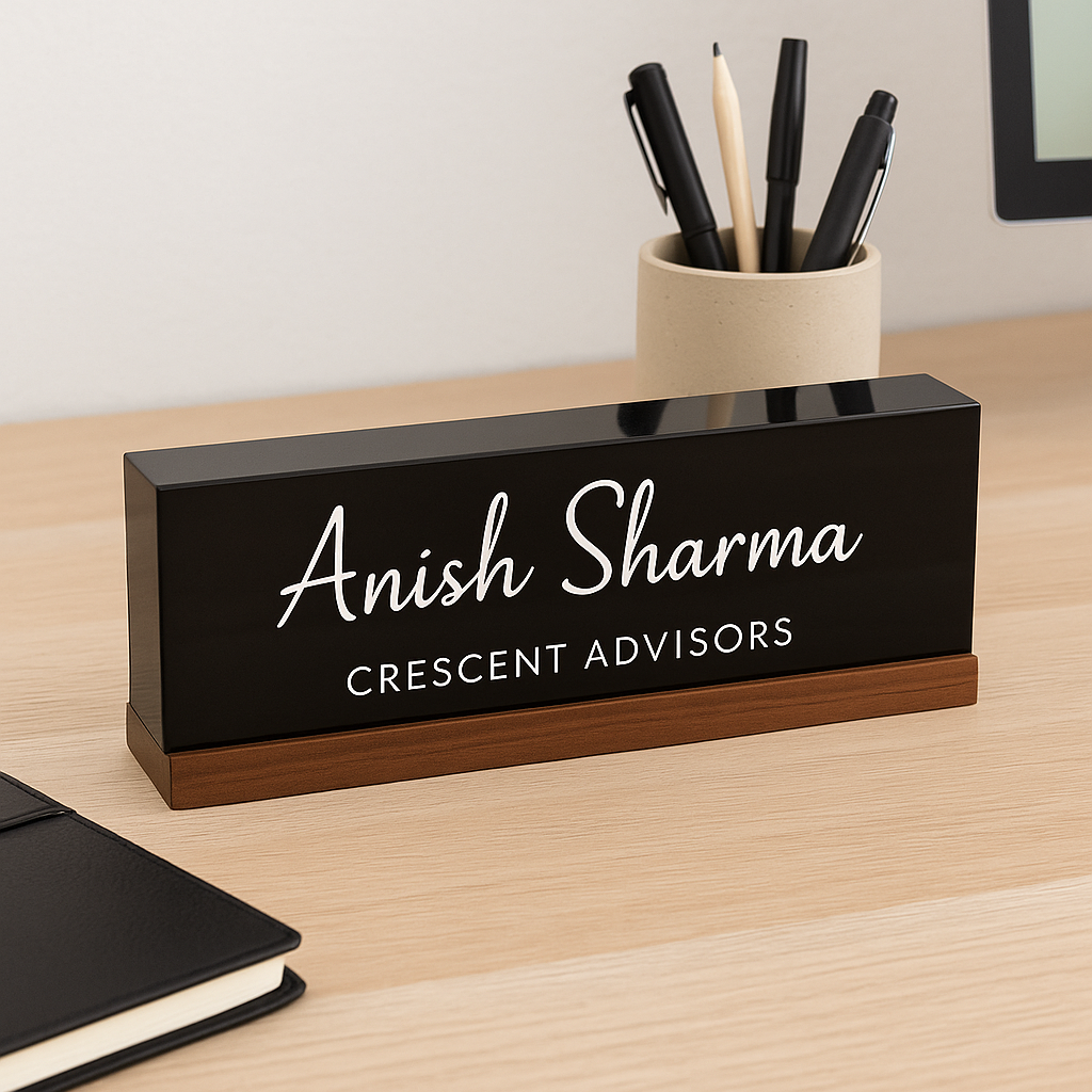 Executive Elegance: Personalized Acrylic Name Block with Wooden Base