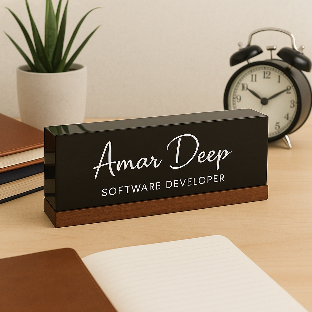 Executive Elegance: Personalized Acrylic Name Block with Wooden Base