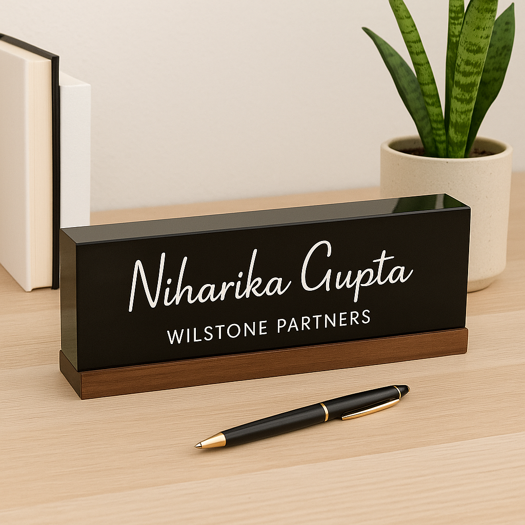 Executive Elegance: Personalized Acrylic Name Block with Wooden Base